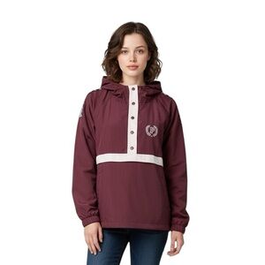 Pink Varsity Pullover, lined hooded jacket with string pull for adjustable fit